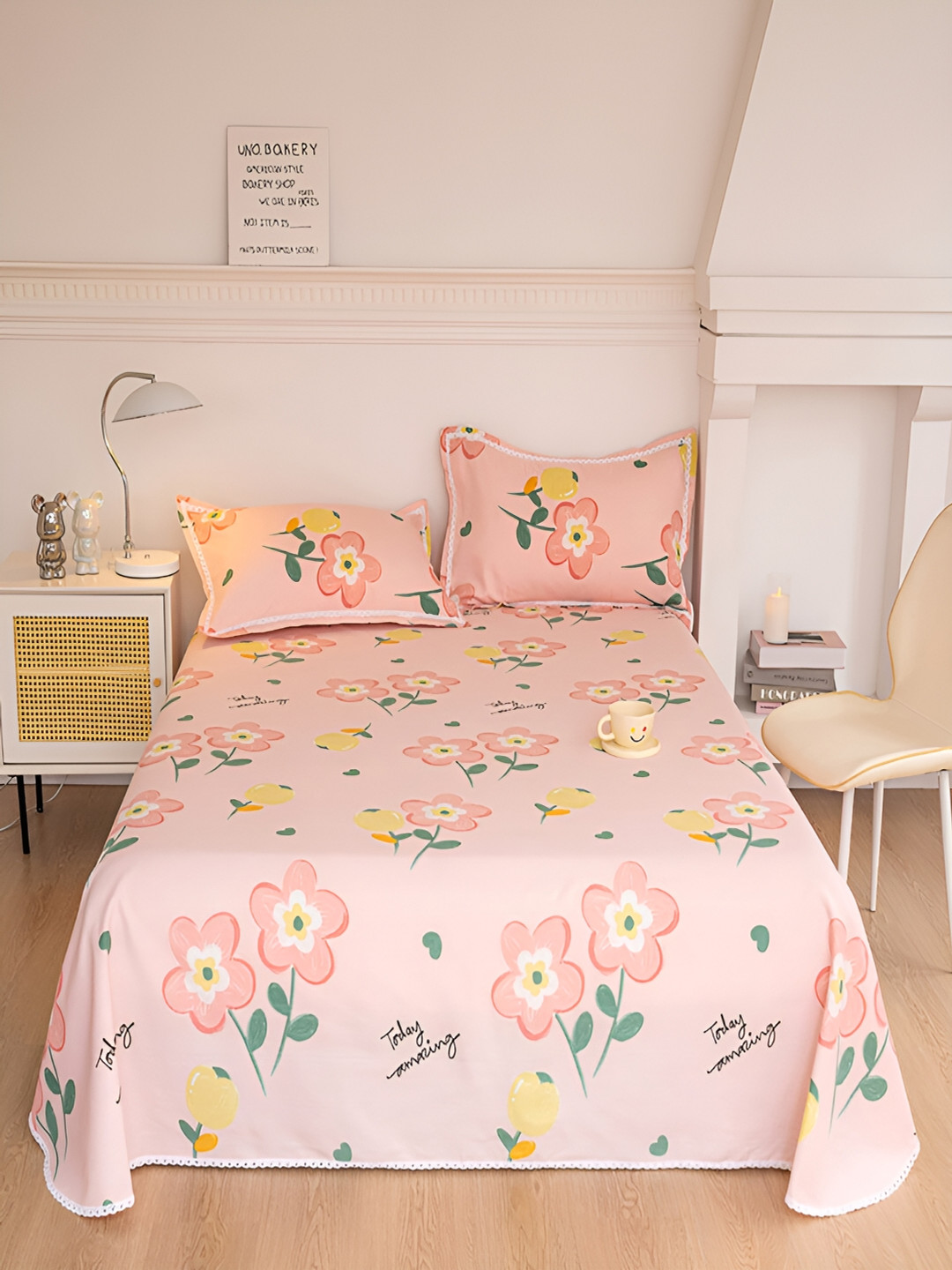 

JC HOME Pink & Green Floral 160 TC Queen Bedsheet with 2 Pillow Covers