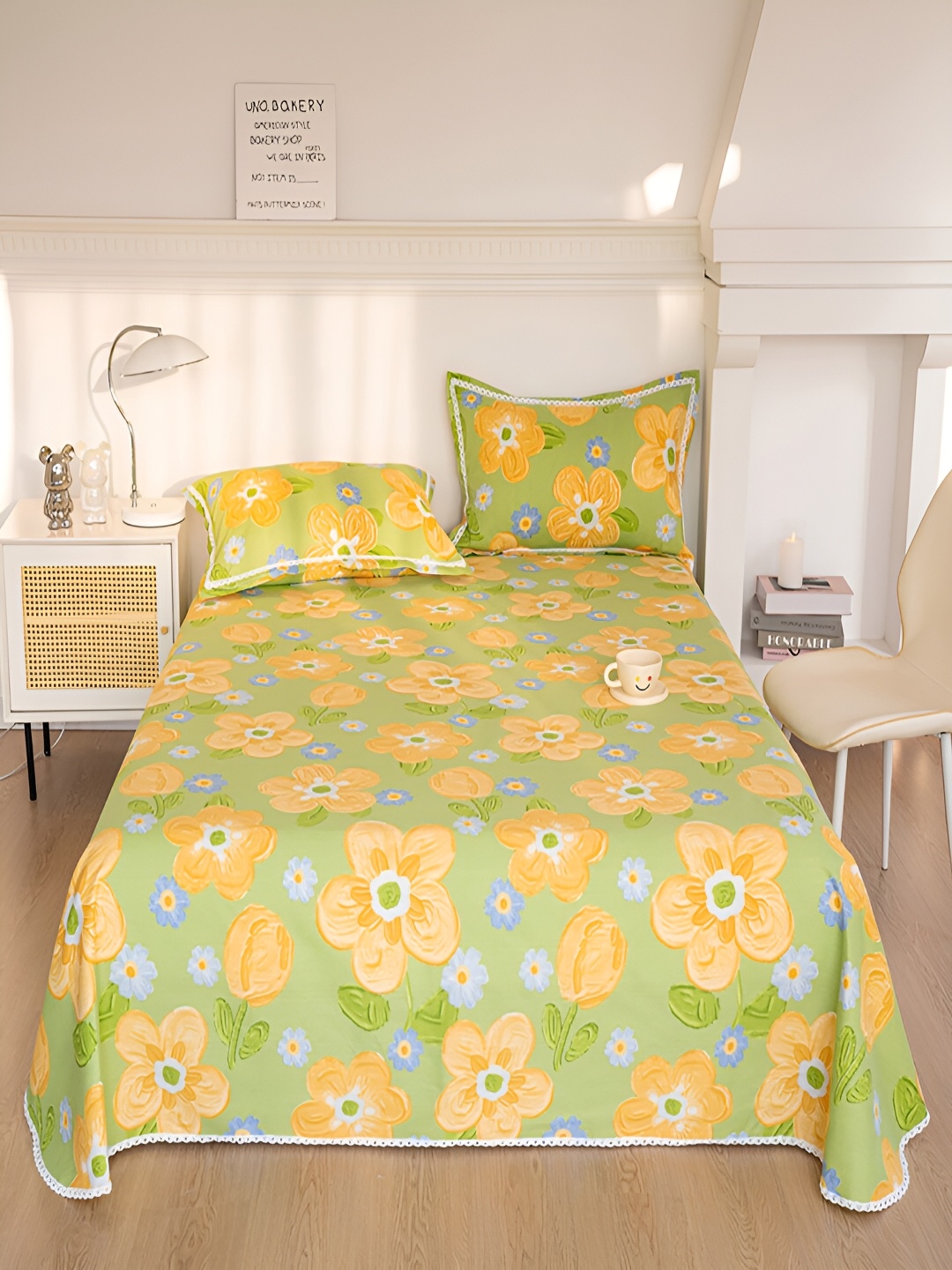 

JC HOME Green & Yellow Floral 160 TC Single Bedsheet Set