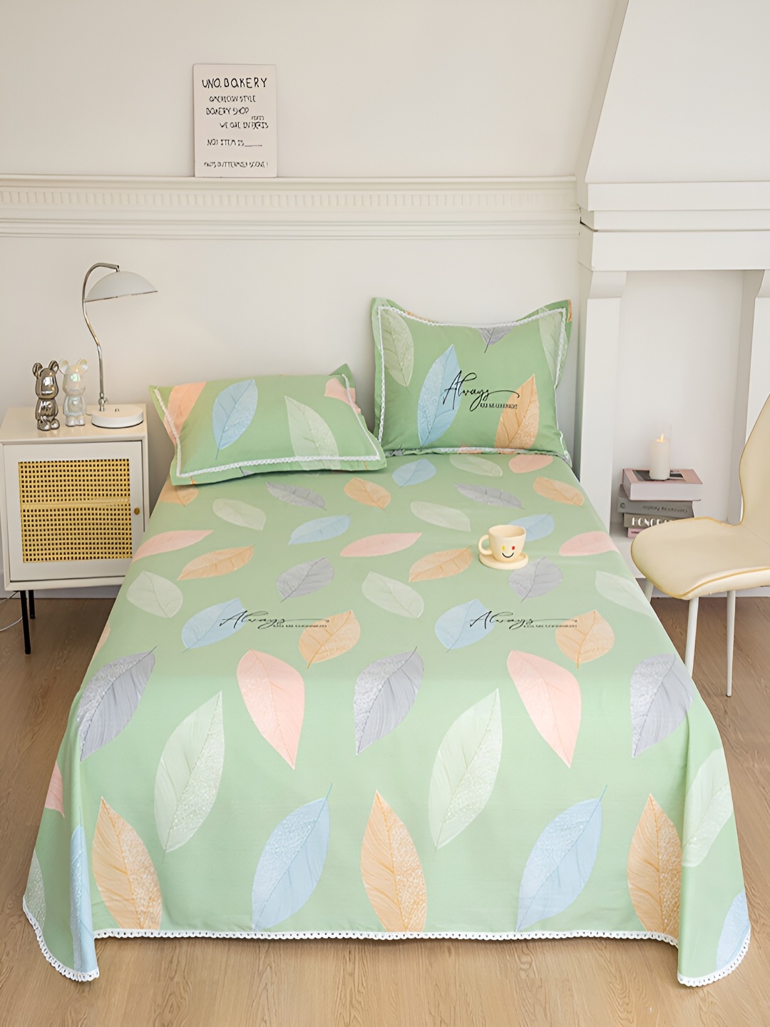 

JC HOME Green & Pink Floral 160 TC Single Bedsheet with 1 Pillow Cover
