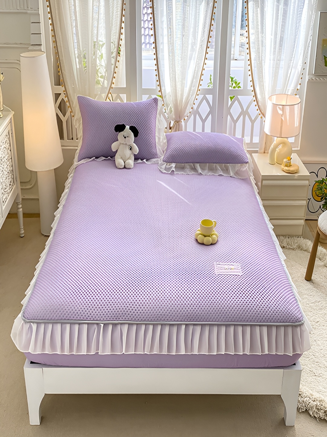 

JC HOME Purple & White 160 TC Fitted Queen Bedsheet with 2 Pillow Covers