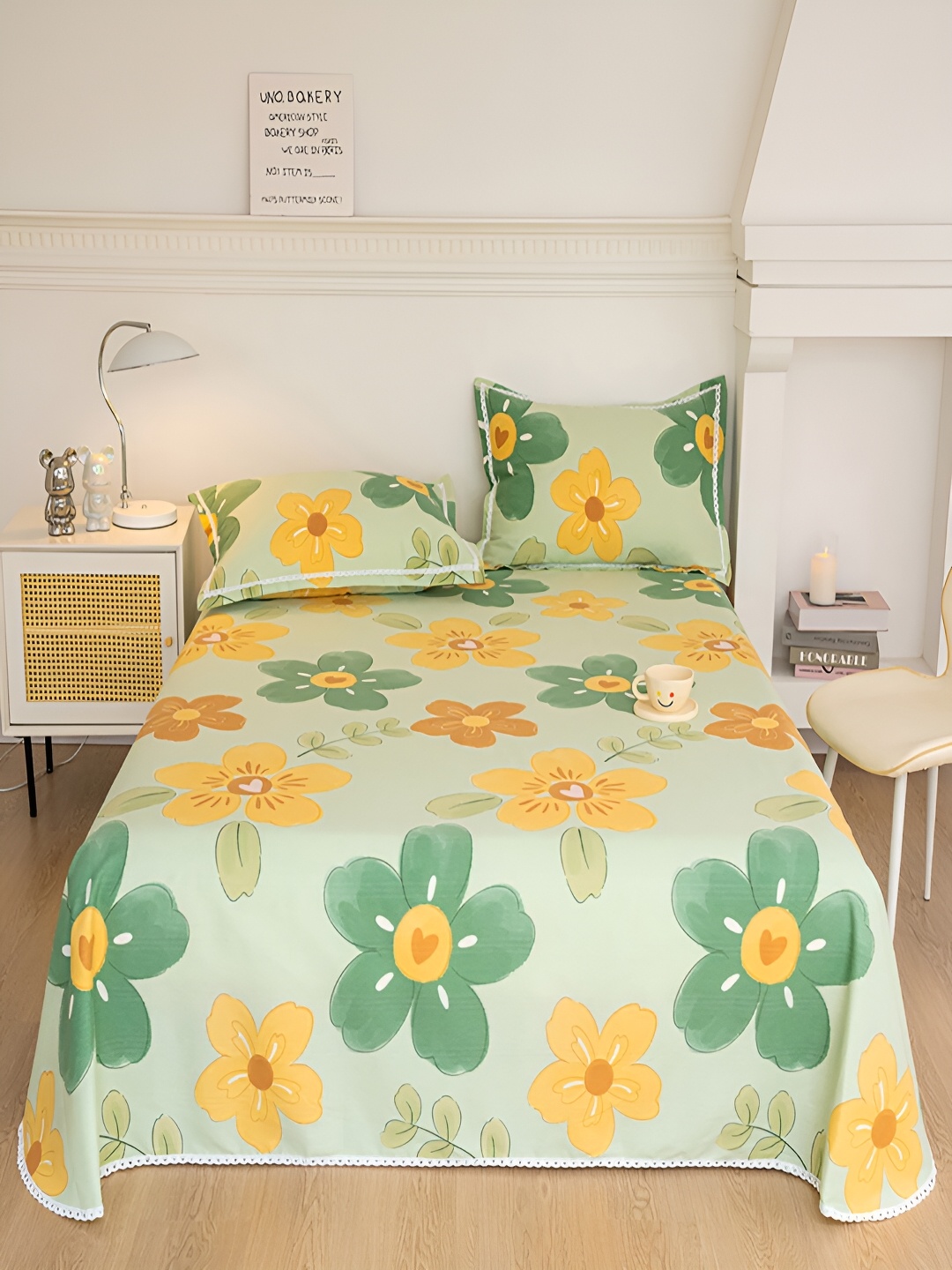 

JC HOME Green & Yellow Floral 160 TC Queen Bedsheet with 2 Pillow Covers