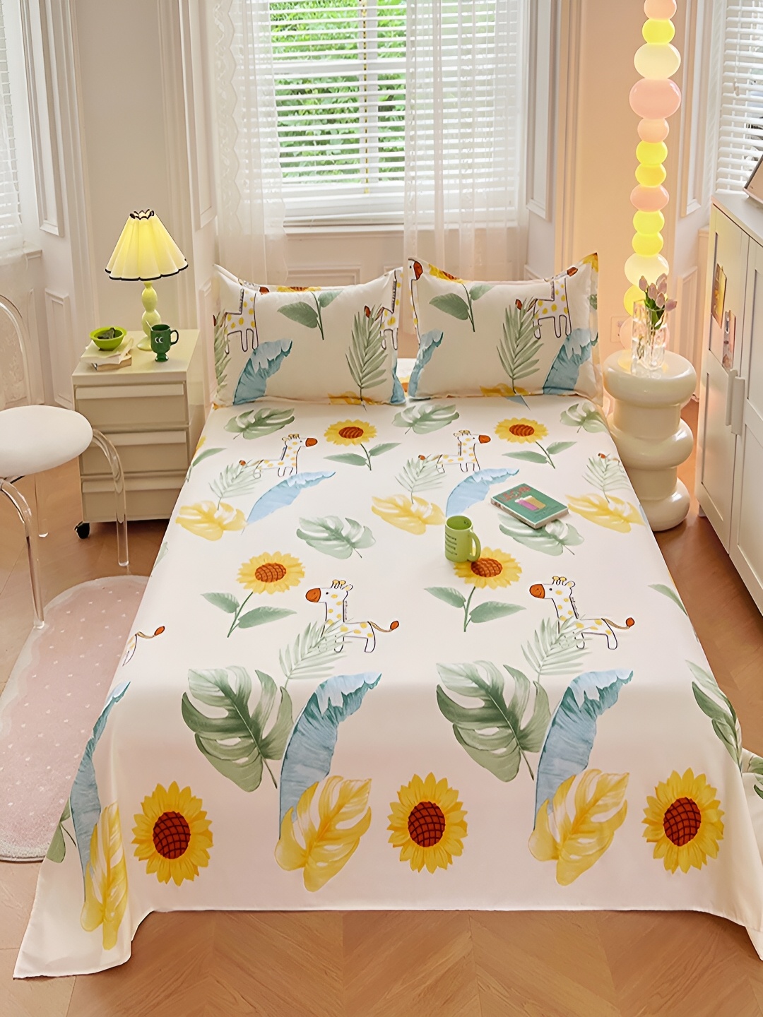 

JC HOME White & Yellow Floral 150 TC Queen Bedsheet with 2 Pillow Covers