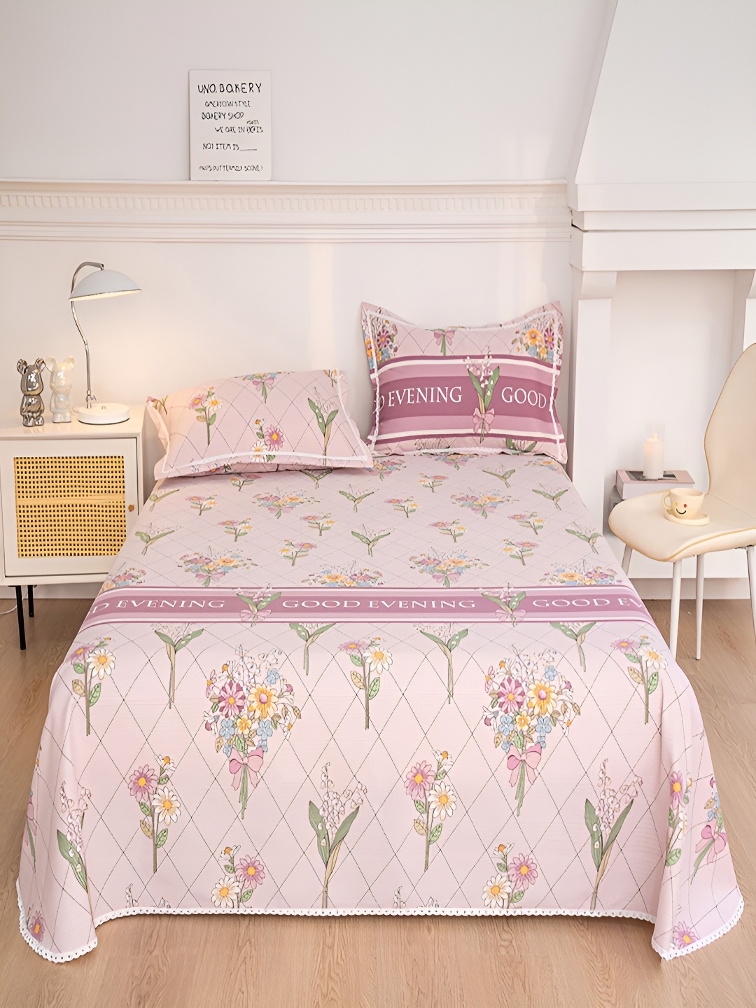 

JC HOME Pink & Green Floral Printed 160 TC Single Bedsheet With 1 Pillow