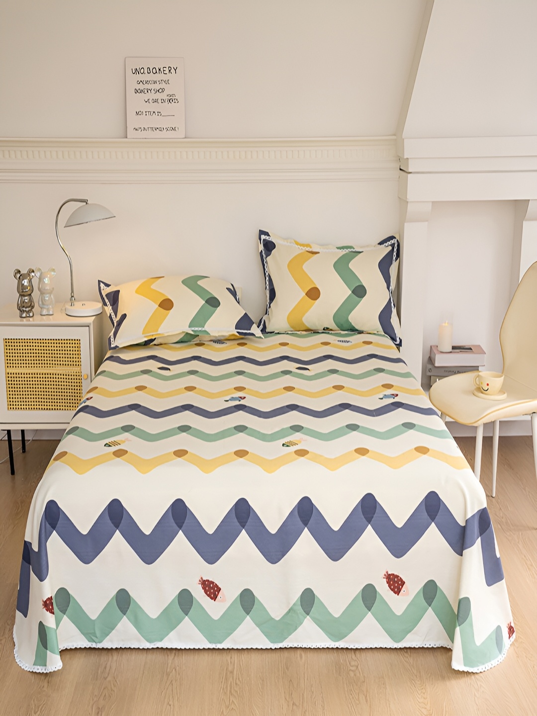 

JC HOME Cream-Coloured & Blue Geometric 160 TC Single Bedsheet with 1 Pillow Cover