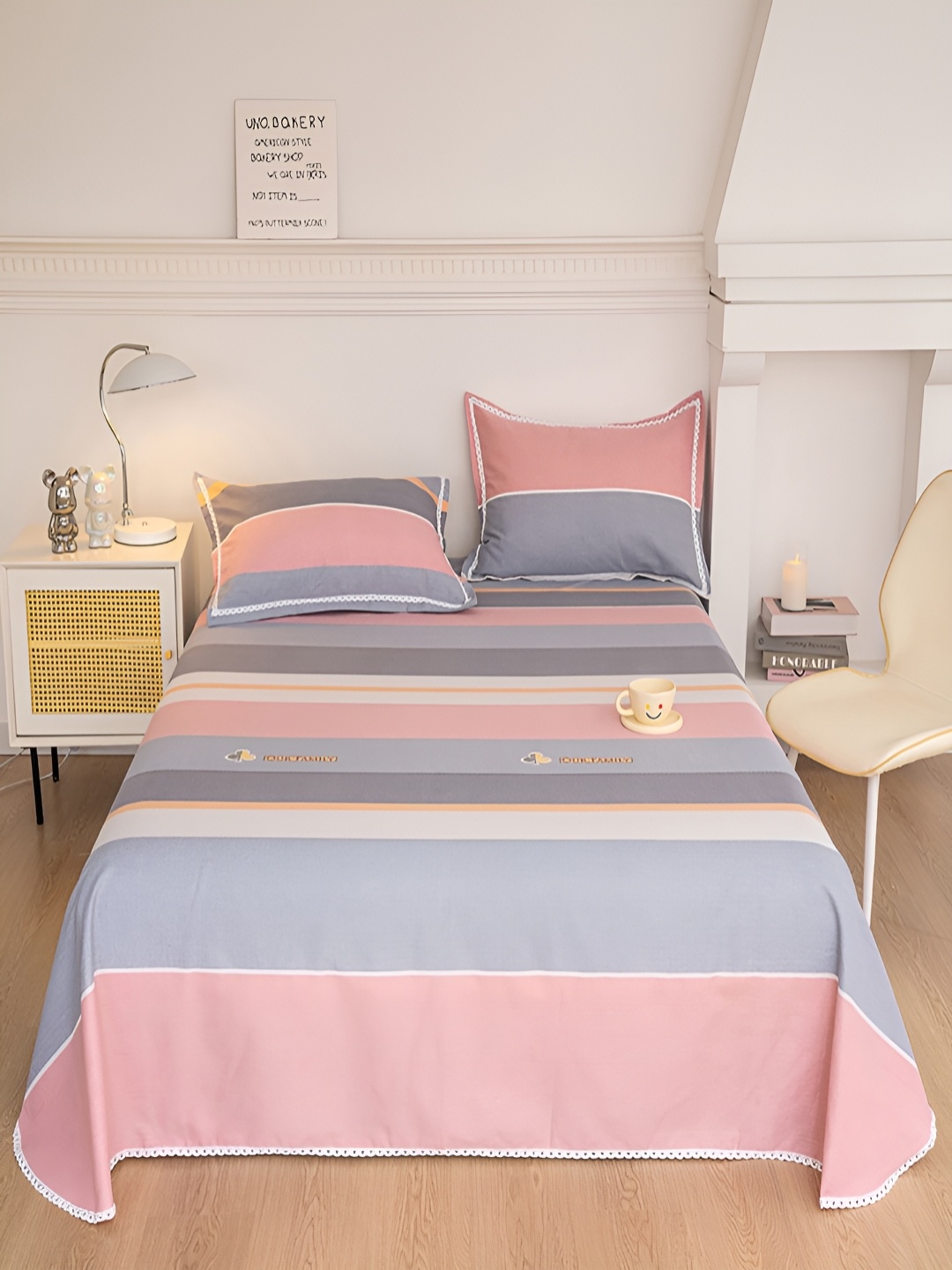 

JC HOME Pink & Grey Striped 160 TC Single Bedsheet with 1 Pillow Covers