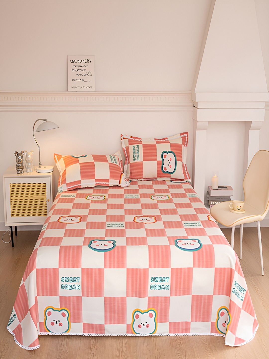 

JC HOME Pink & White Graphic 160 TC King Bedsheet with 2 Pillow Covers