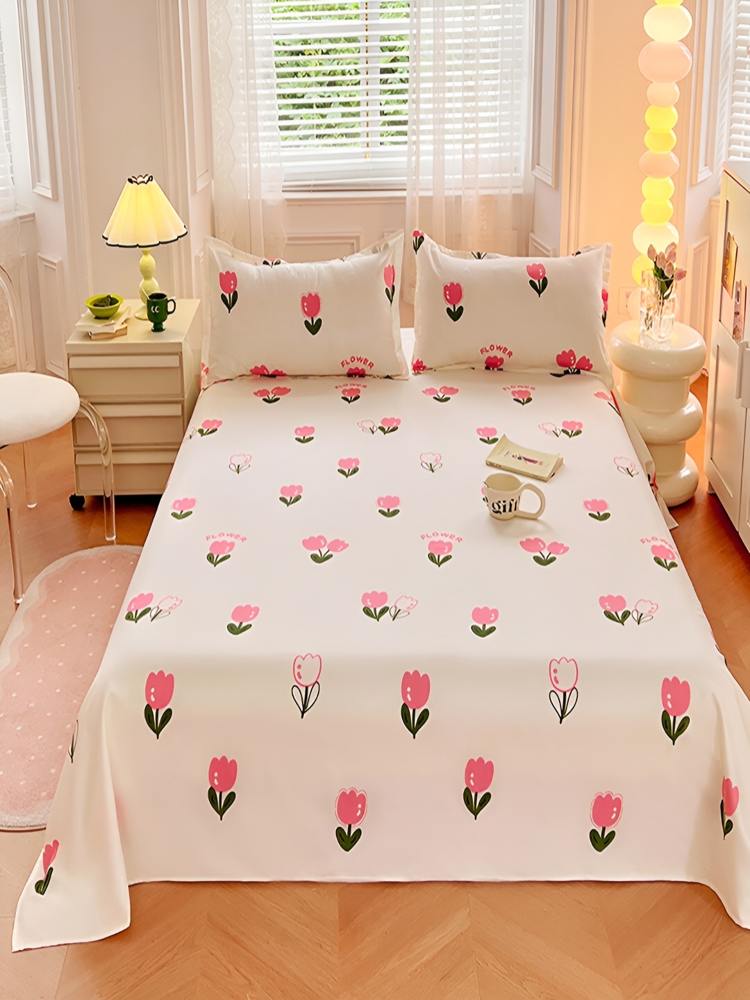 

JC HOME White & Pink Floral 150 TC Single Bedsheet with 1 Pillow Covers