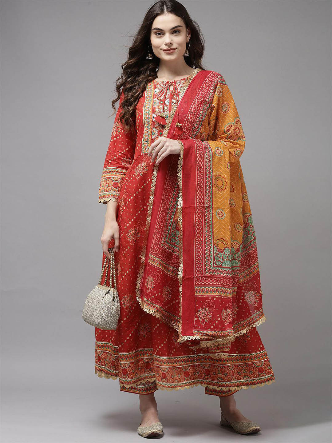 

ODETTE Ethnic Motifs Printed Gotta Patti Anarkali Kurta & Palazzos With Dupatta, Red