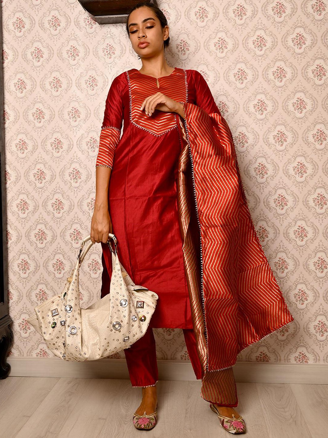 

ODETTE Yoke Design Regular Kurta with Palazzos & Dupatta, Red