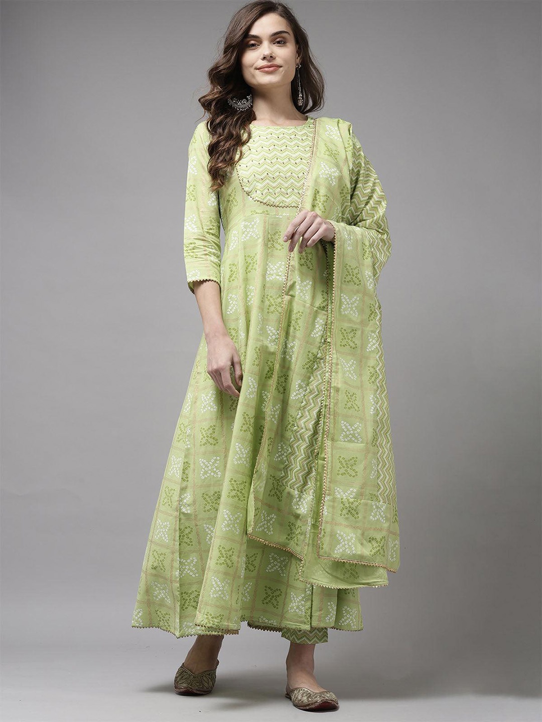 

ODETTE Floral Printed Regular Gotta Patti Anarkali Kurta With Sharara & Dupatta, Green