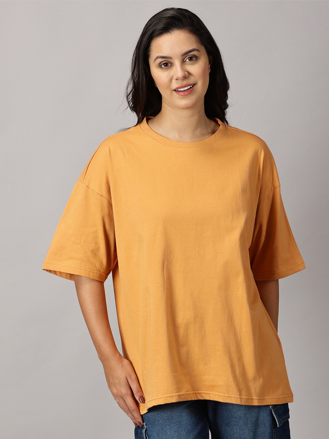 

THE HOLLANDER Women Drop-Shoulder Sleeves Pure Cotton Oversized T-shirt, Mustard