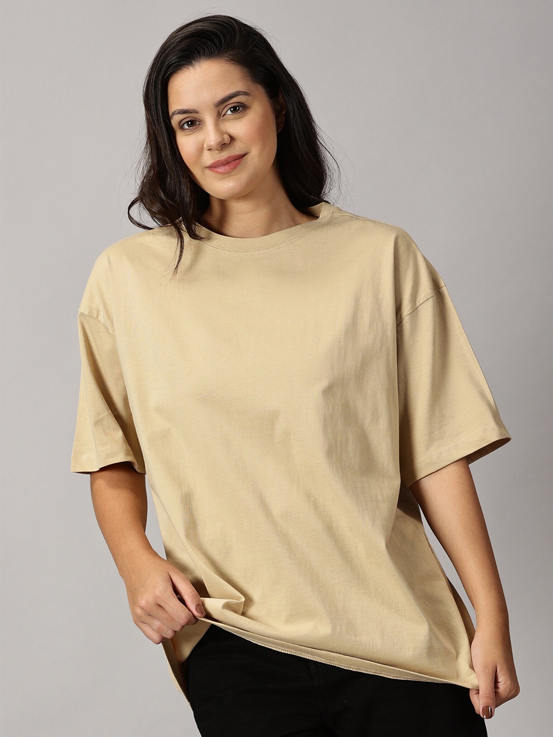 

THE HOLLANDER Drop-Shoulder Sleeves Pure Cotton Oversized T-shirt, Beige