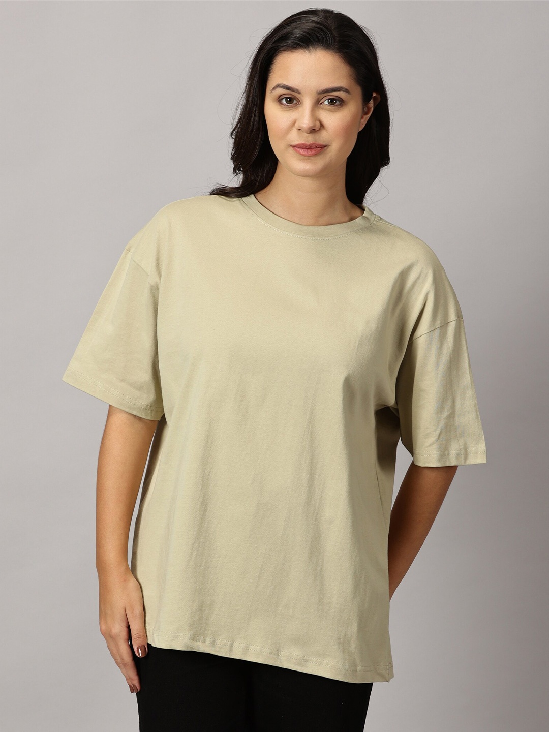 

THE HOLLANDER Women Drop-Shoulder Sleeves Pure Cotton Oversized T-shirt, Tan