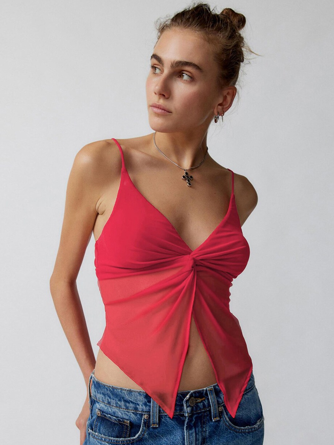 

JC Mode Shoulder Straps Sleeves Top, Red