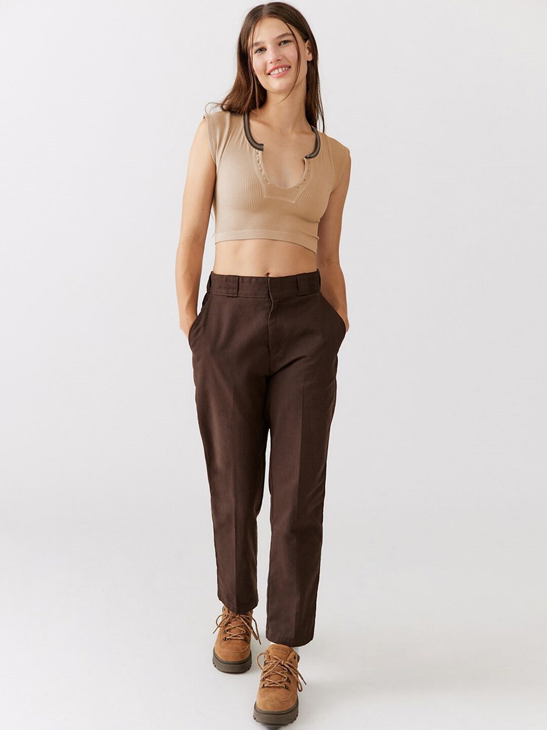 

JC Mode Scoop Neck Solid Crop Top, Beige