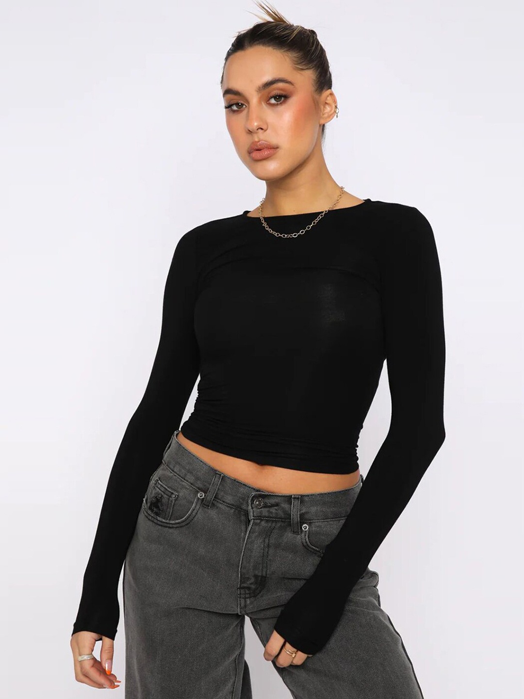 

JC Mode Round Neck Crop Fitted Top, Black