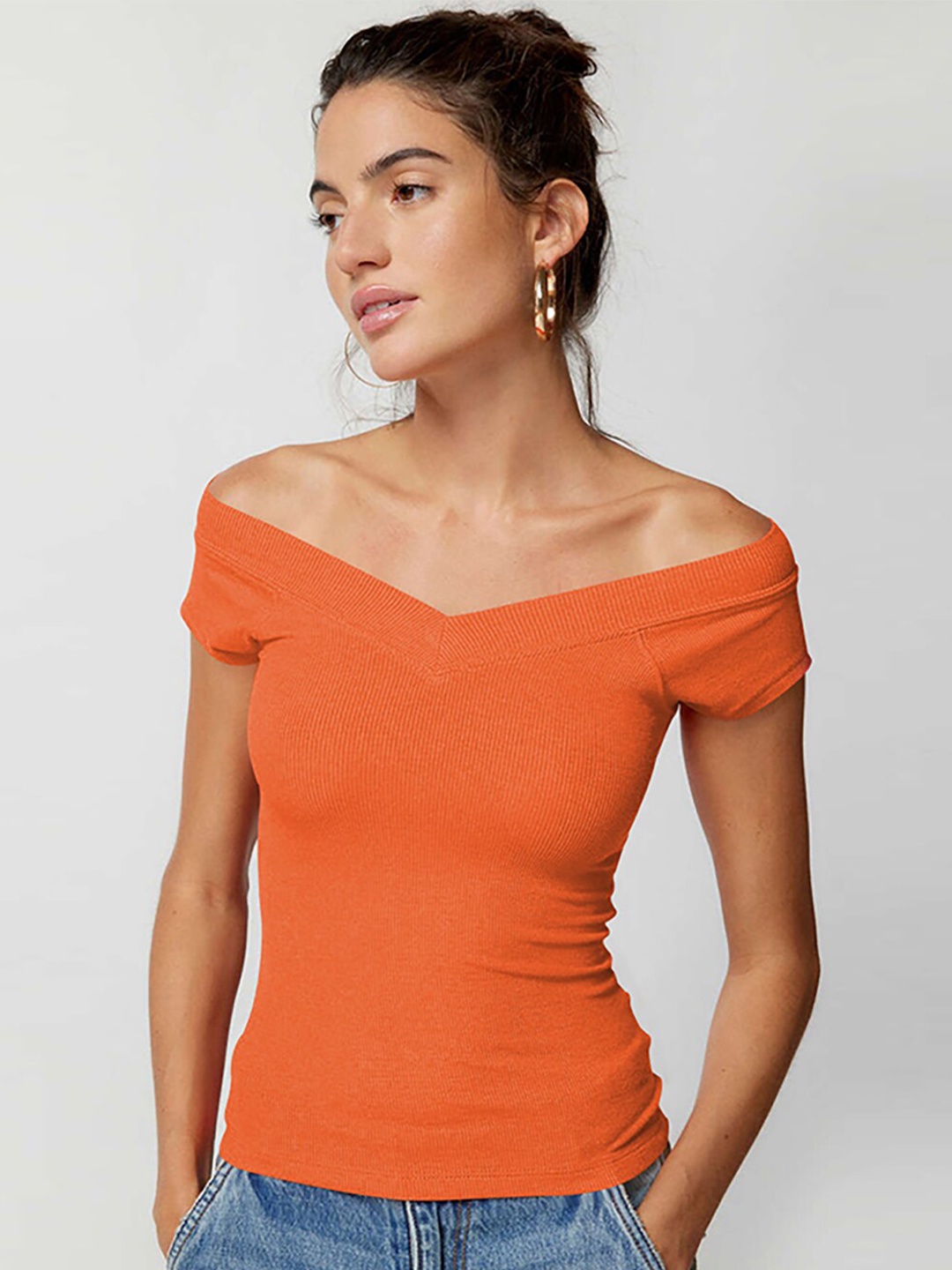 

JC Mode Women Off-Shoulder Bardot Crop Top, Orange