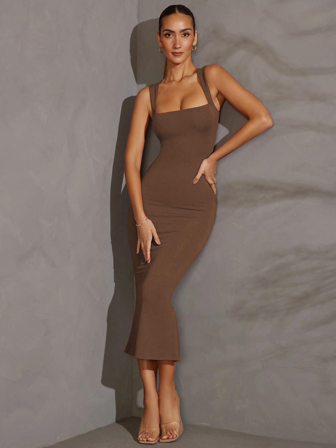 

JC Mode Solid Shoulder Straps Bodycon Casual Midi Dress, Coffee brown