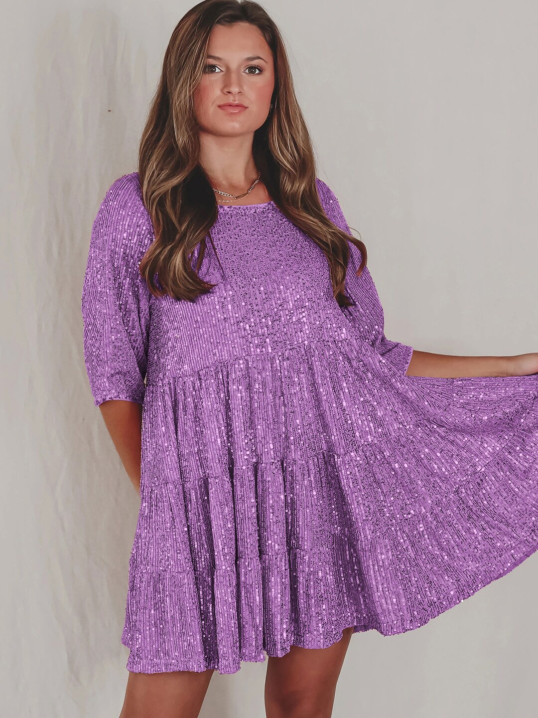 

JC Mode Embellished Round Neck Flared Sleeves Fit & Flare Party Wear Mini Dress, Purple