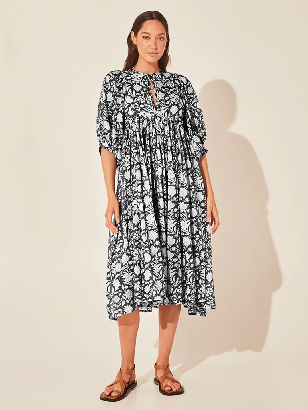 

JC Mode Floral Printed Tie Up Neck Puff Sleeve Empire Midi Dress, Black