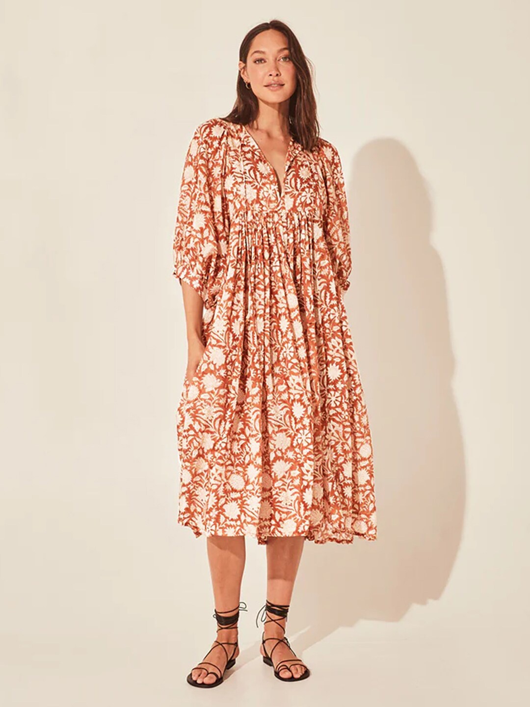 

JC Mode Floral Printed Puff Sleeve Fit & Flare Midi Dress, Brown