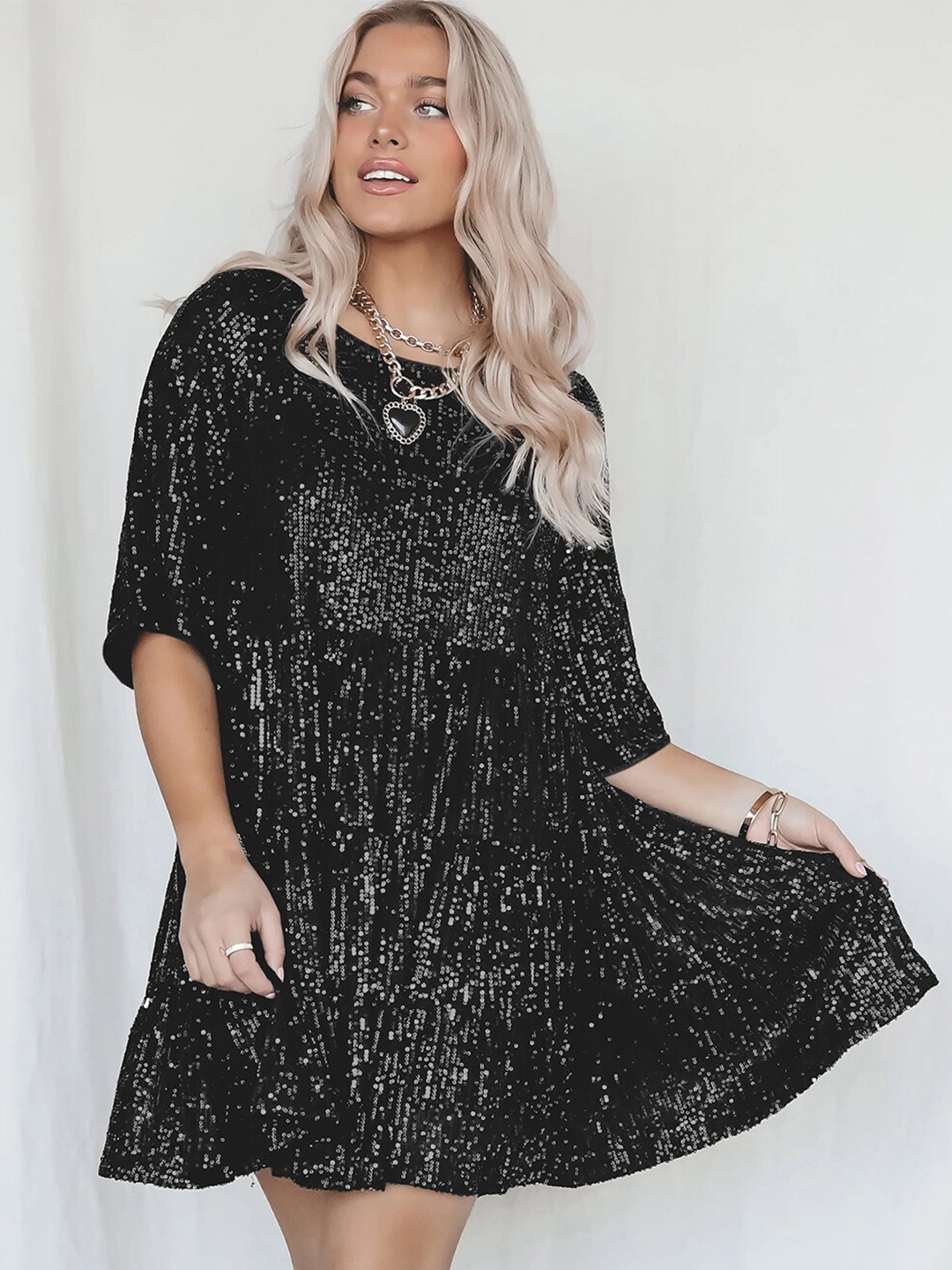 

JC Mode Sequined Self Design Fit & Flare Dress, Black