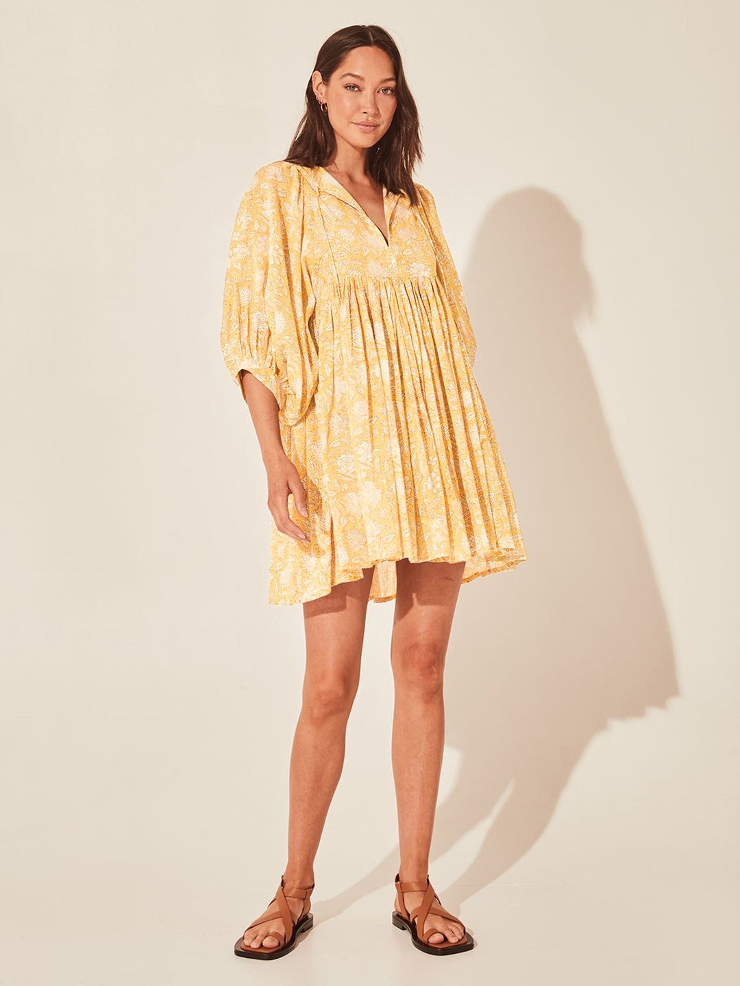 

JC Mode Floral Printed Puff Sleeve A-Line Dress, Yellow