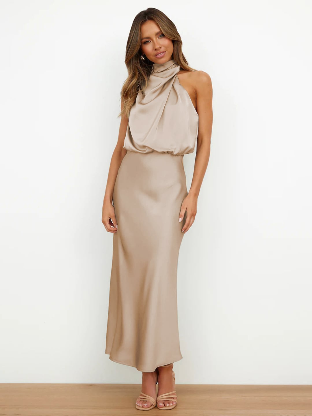 

JC Mode Mock Neck Sleeveless Blouson Maxi Casual Dress, Beige