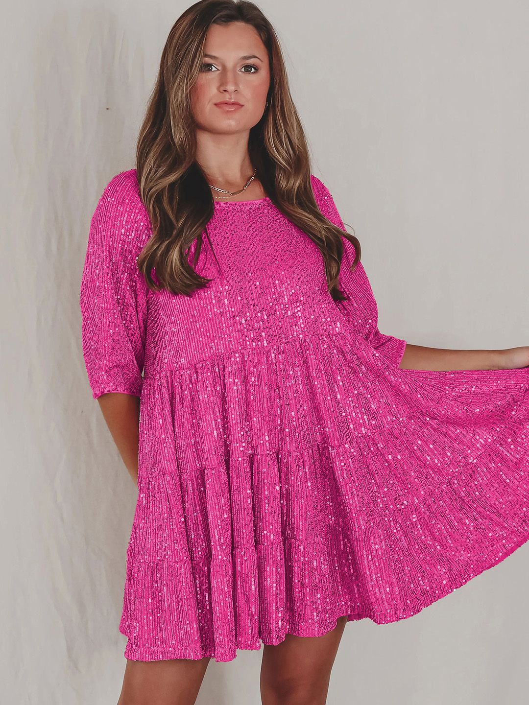 

JC Mode Sequined Embellished Tiered Flared Sleeves Fit And Flare Party Wear Mini Dress, Rose