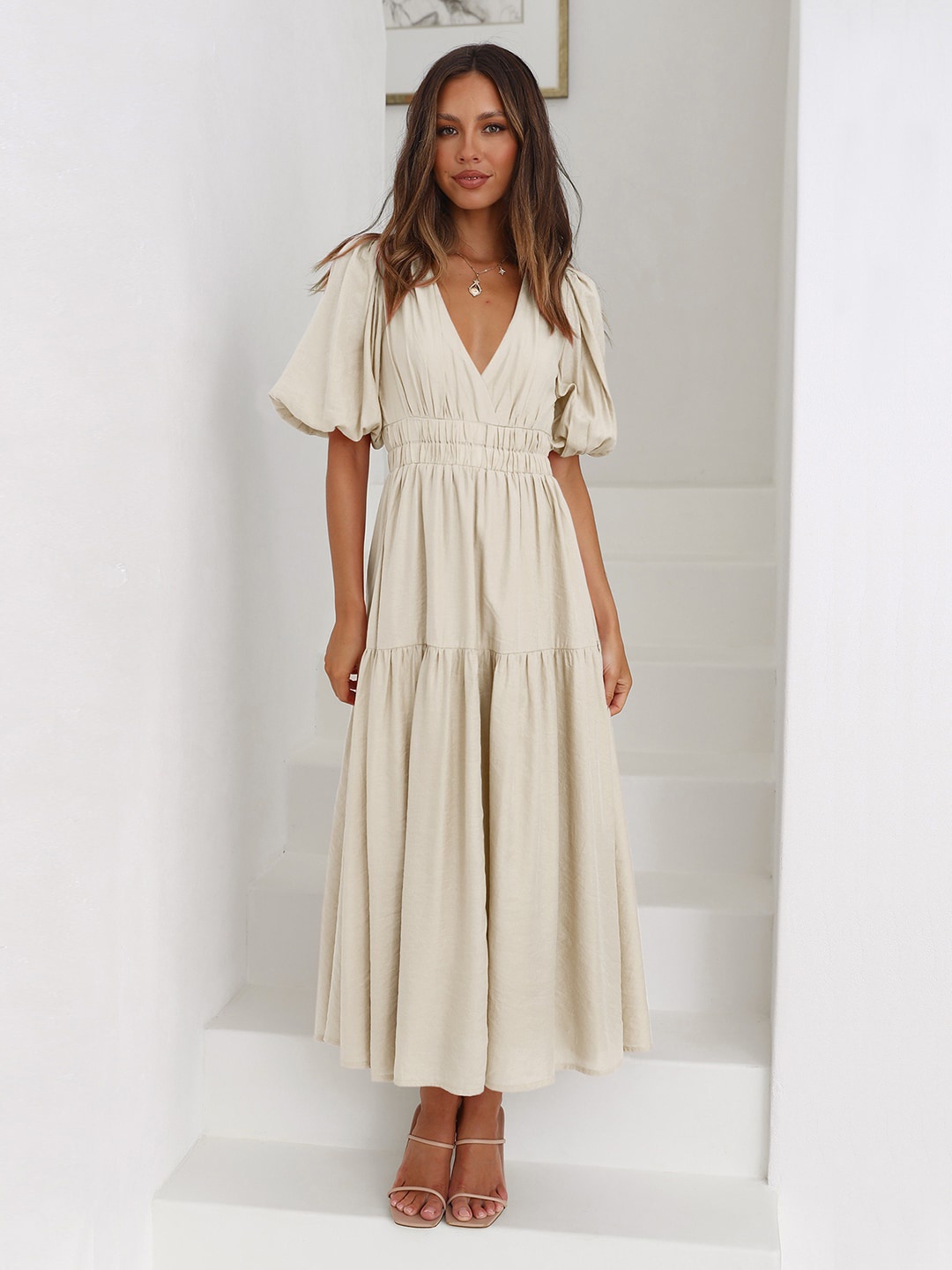 

JC Mode Puffed Sleeve Tiered Fit & Flare Maxi Dress, Beige