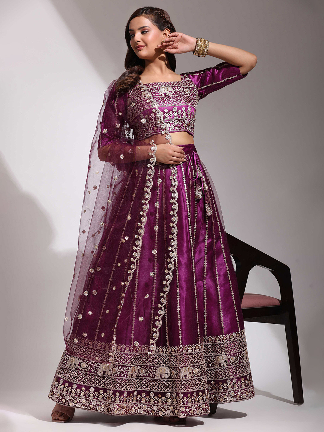 

Fabcartz Embellished Sequinned Semi-Stitched Lehenga & Unstitched Blouse With Dupatta, Purple