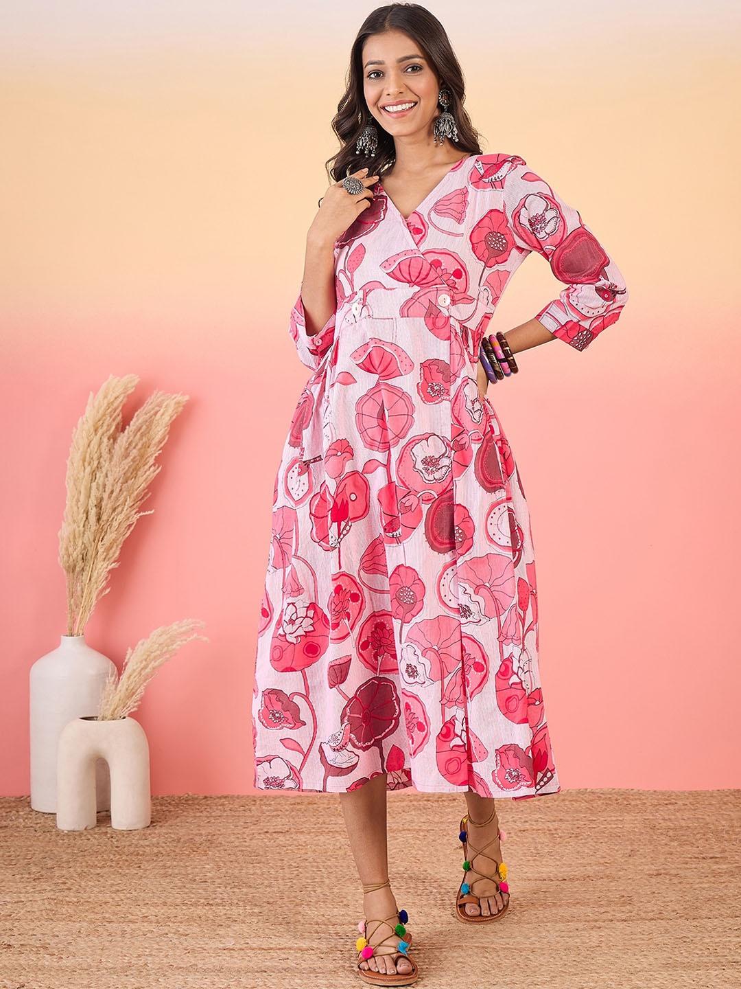 

Anouk Magenta Floral Printed V-Neck Gathered Cotton A-Line Midi Dress