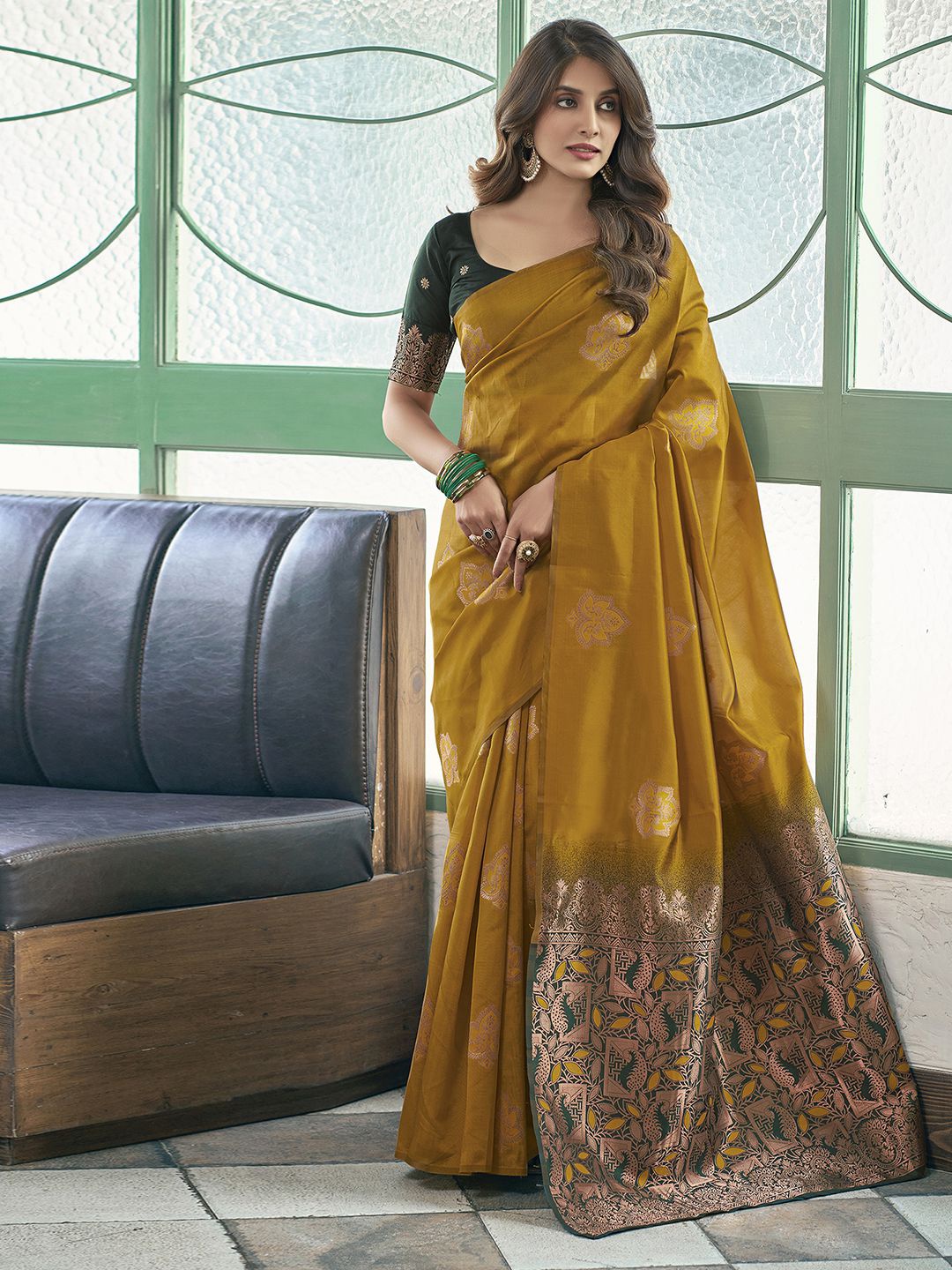 

KALINI Floral Zari Silk Blend Saree, Mustard