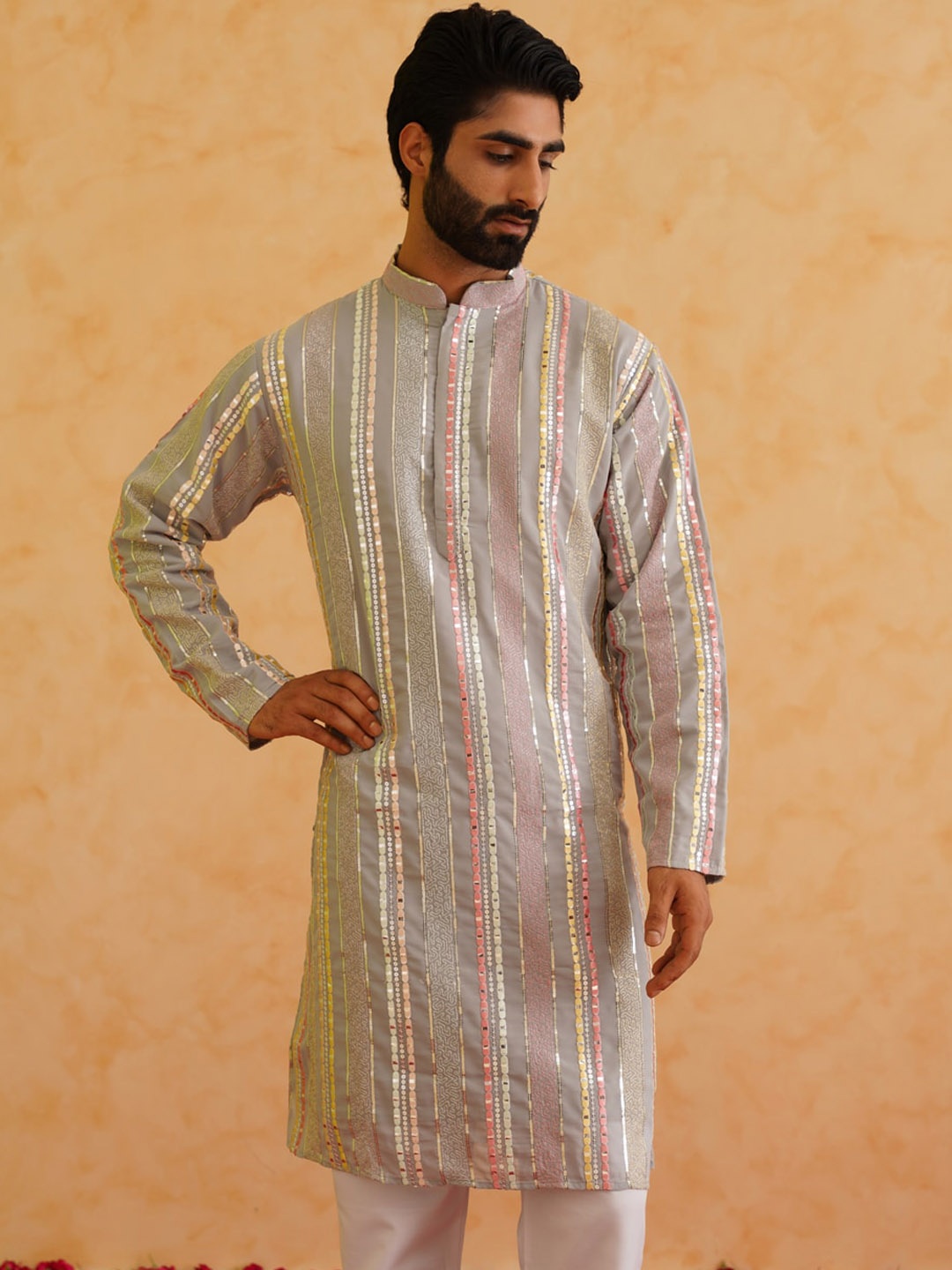 

SOJANYA LUXE Embroidered Mandarin Collar Long Sleeves Cotton Straight Kurta, Grey