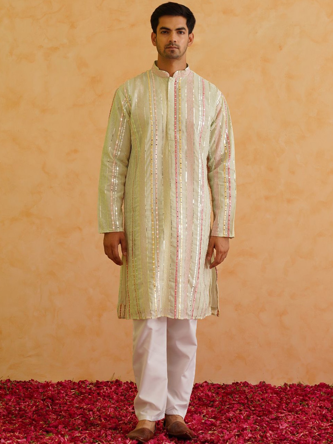

SOJANYA LUXE Striped Embellished Mandarin Collar Mirror Work Georgette Straight Kurta, Lime green