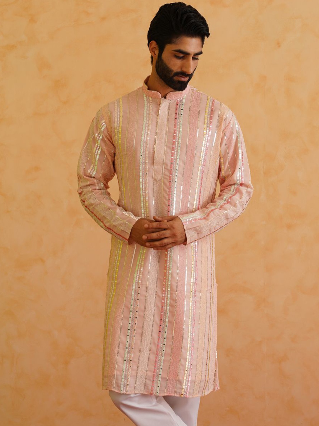 

SOJANYA LUXE Striped Embroidered Mandarin Collar Sequined Straight Kurta, Pink