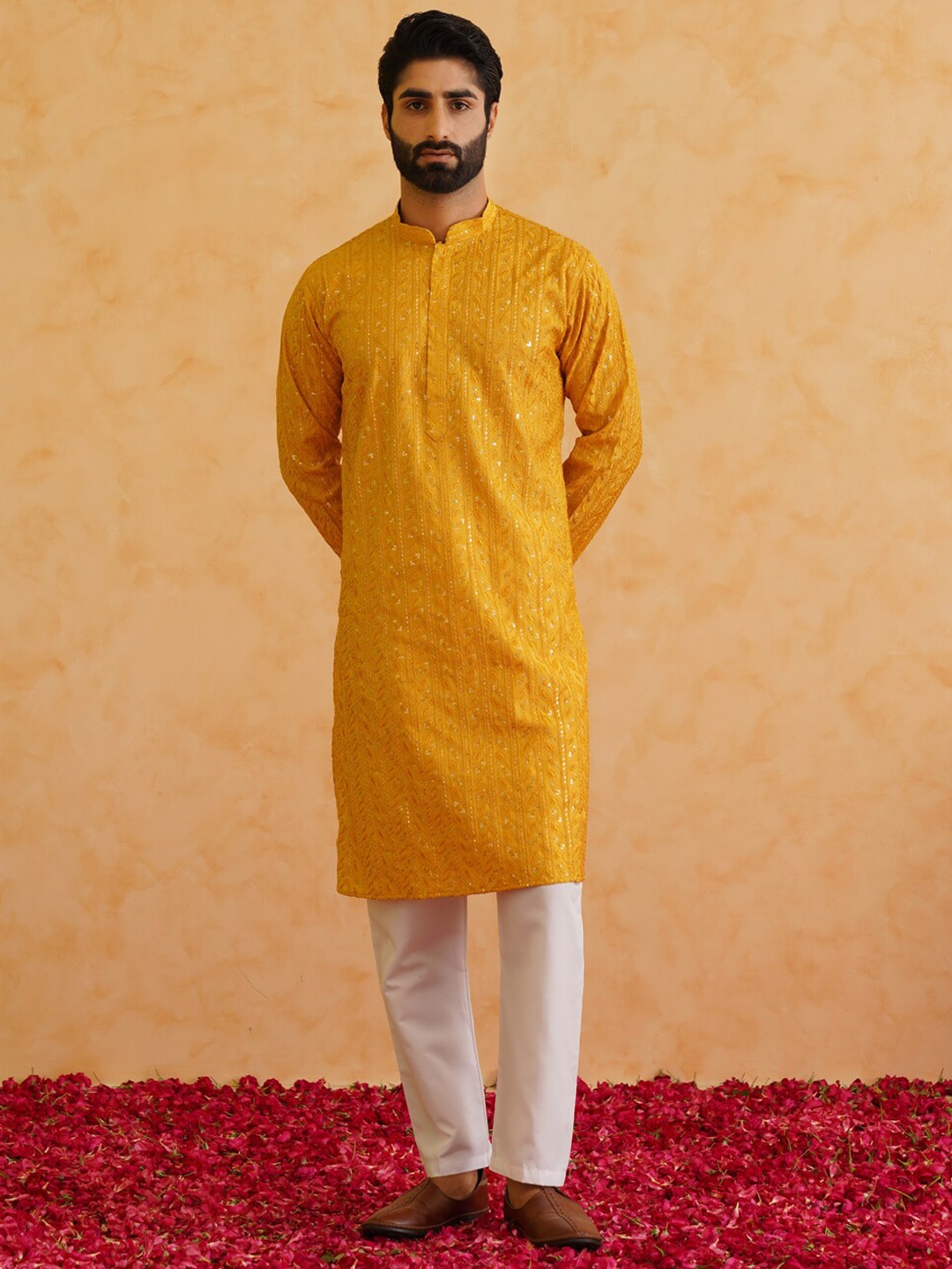 

SOJANYA LUXE Ethnic Motifs Embroidered Mandarin Collar Sequined Straight Kurta, Mustard