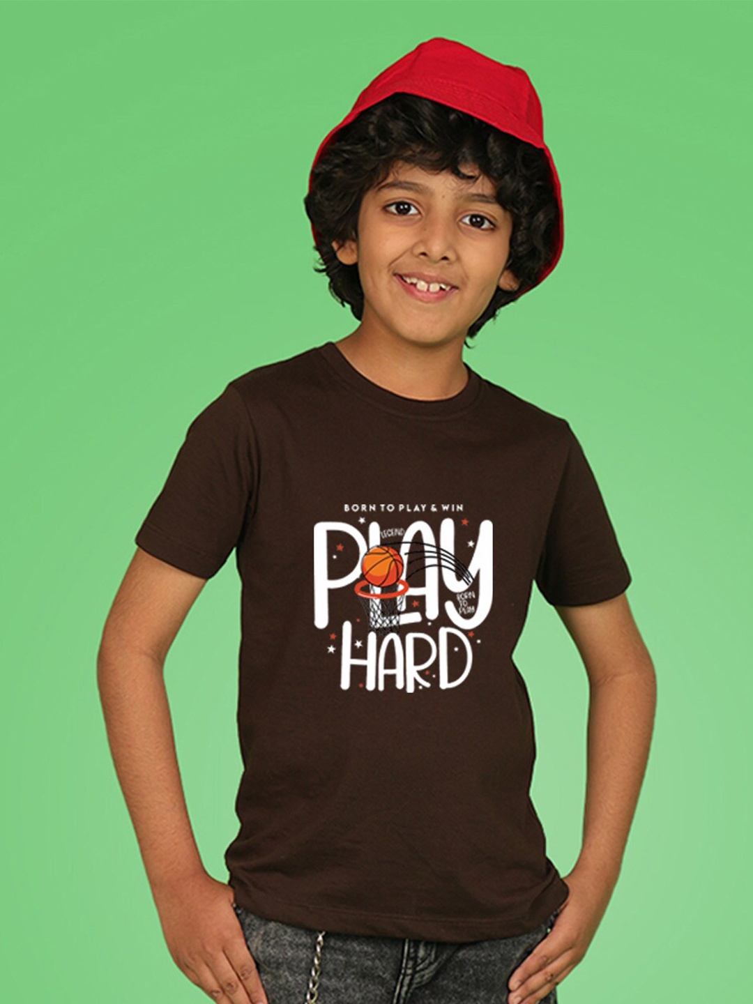 

NUSYL Boys Graphic Printed Round Neck T-shirt, Brown