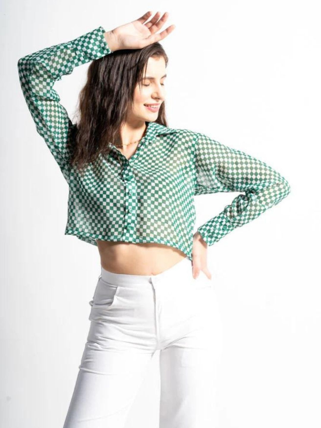 

HEY MISSY Comfort Semi Sheer Checked Crop Casual Shirt, Green