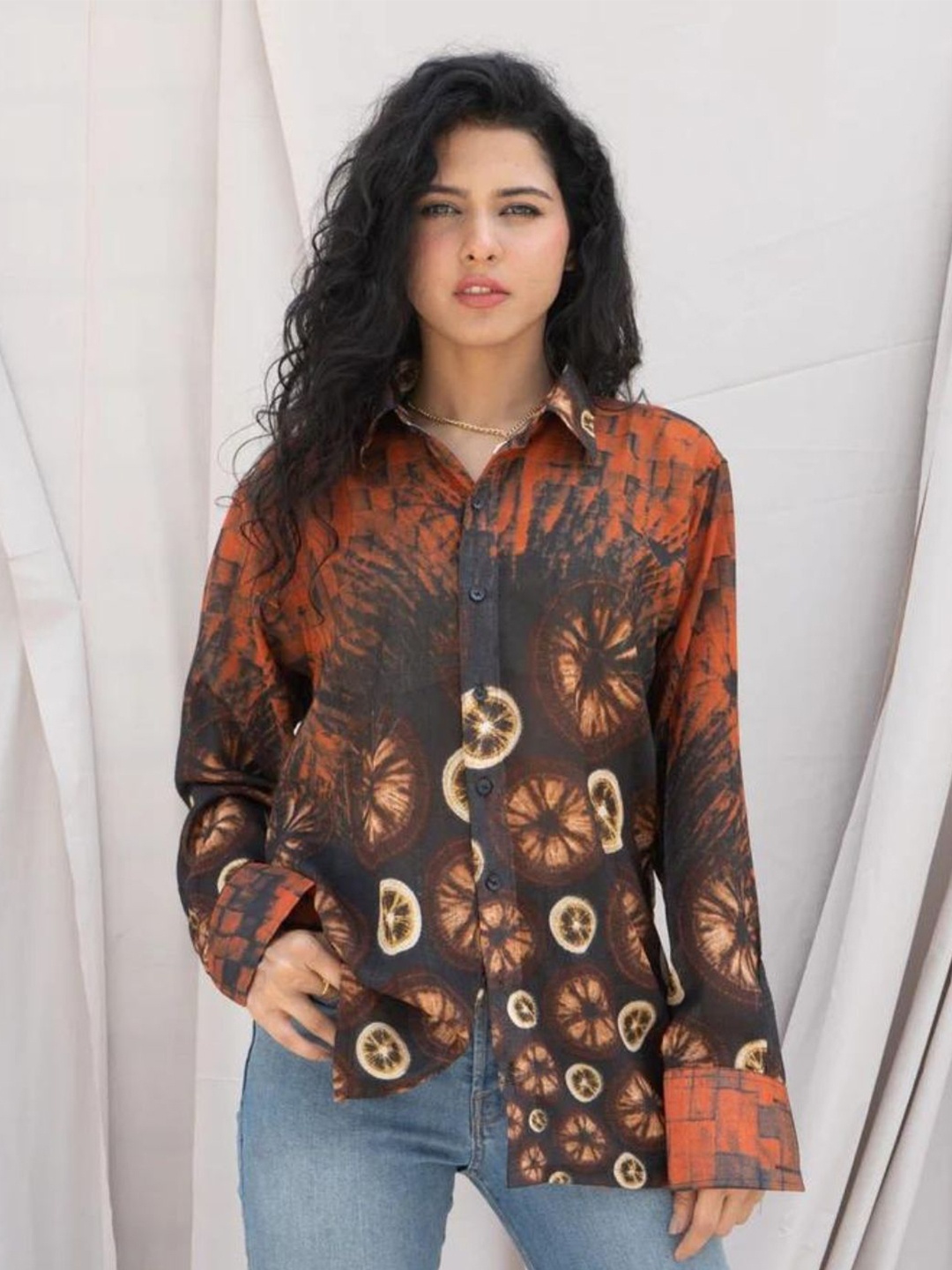 

HEY MISSY Comfort Abstract Printed Spread Collar Chiffon Shirt, Black