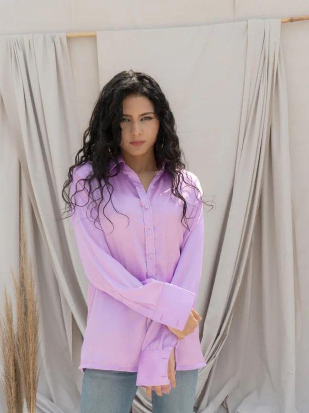 

HEY MISSY Comfort Spread Collar Satin Shirt, Purple