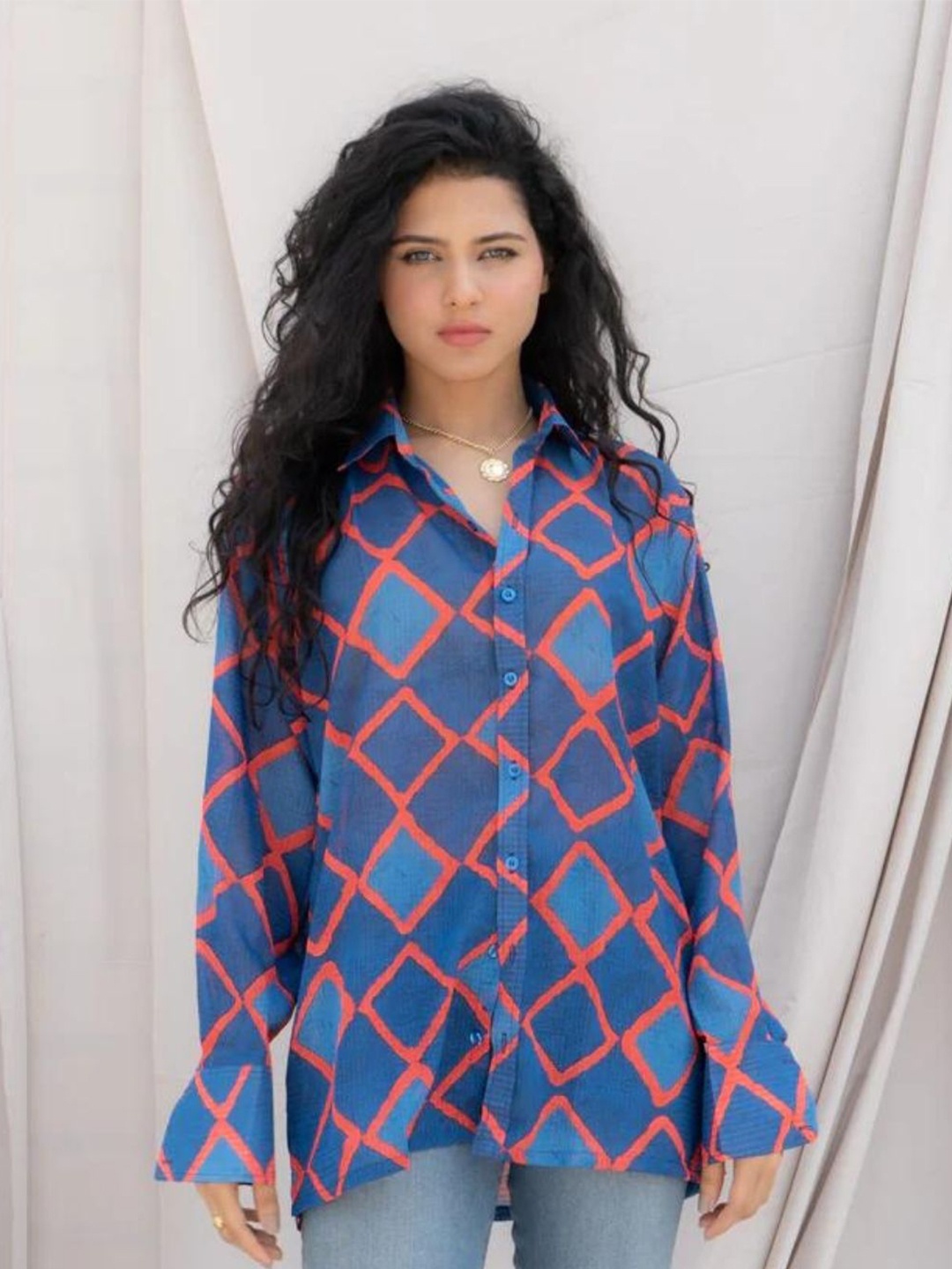 

HEY MISSY Comfort Semi Sheer Geometric Printed Casual Shirt, Blue
