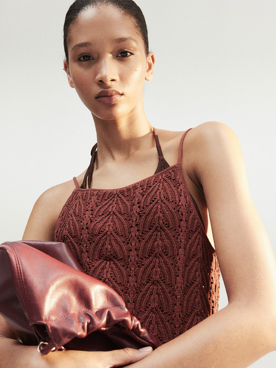 

H&M Pure Cotton Pointelle-Knit Top, Brown