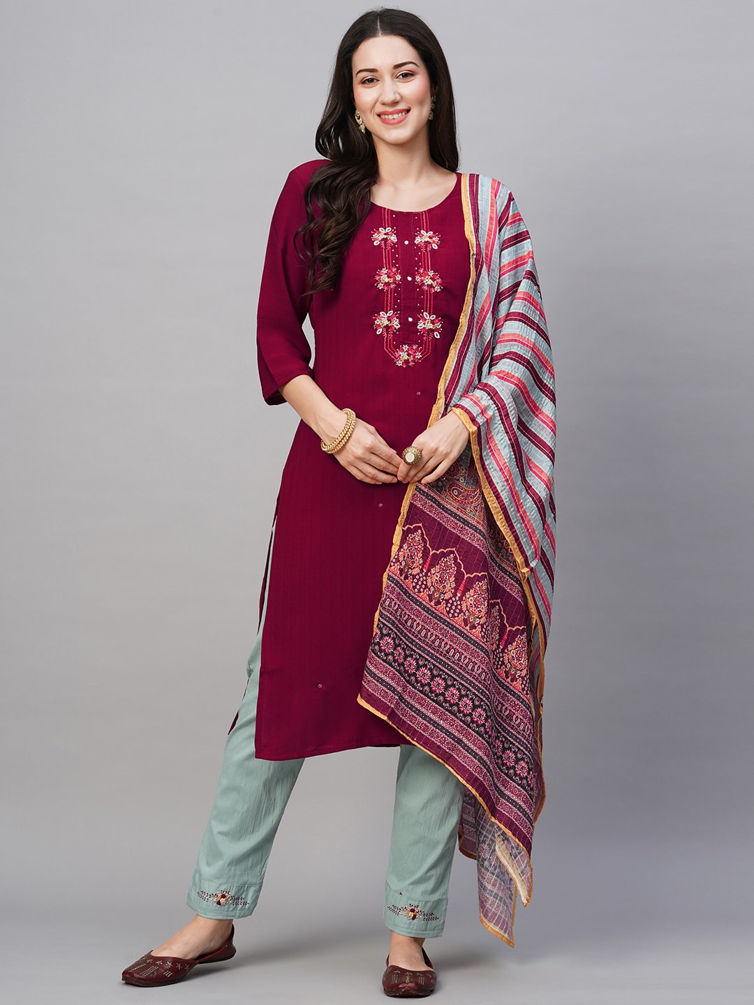 

Kiana Floral Yoke Design Straight Thread Work Kurta With Trousers & Dupatta, Maroon