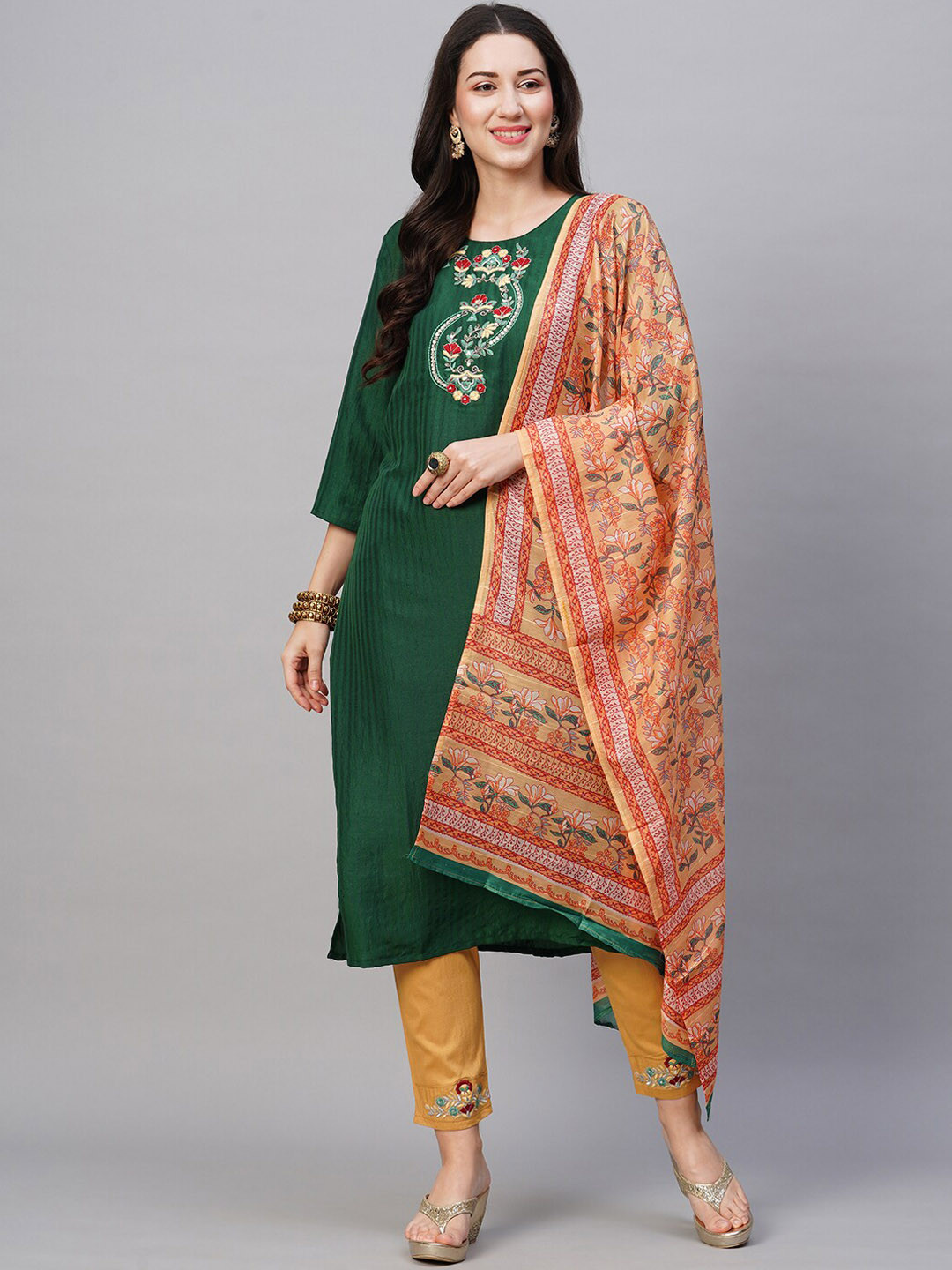 

Kiana Floral Yoke Design Straight Thread Work Kurta With Trousers & Dupatta, Green