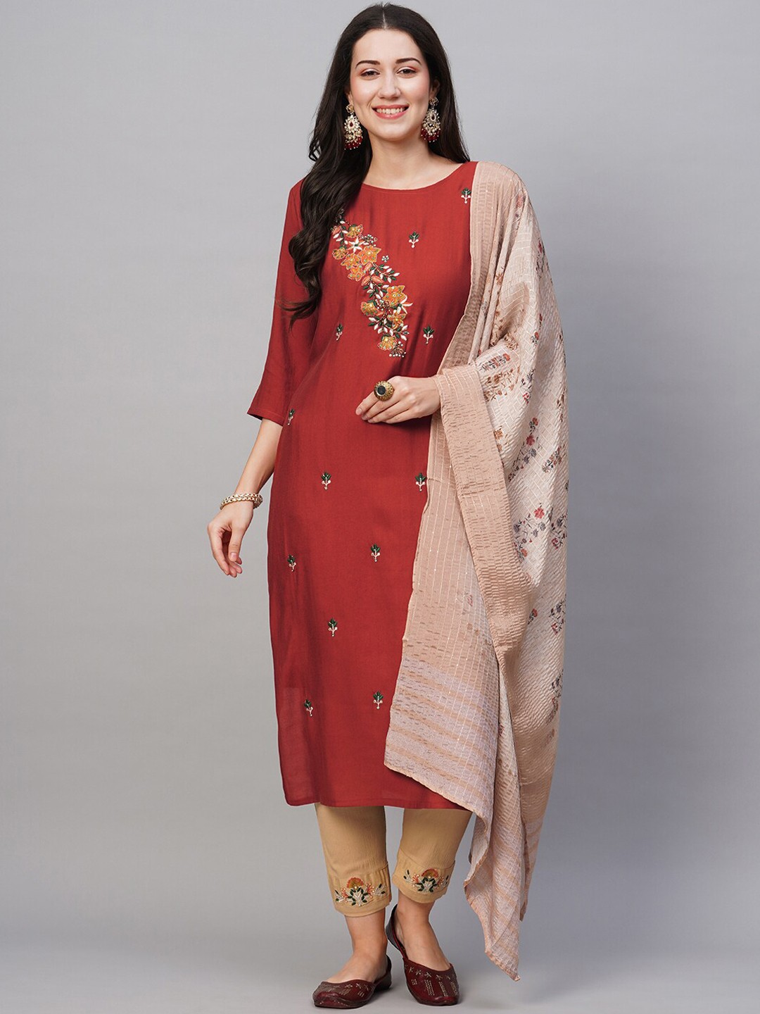 

Kiana Floral Embroidered Straight Sequinned Kurta With Trousers & Dupatta, Rust