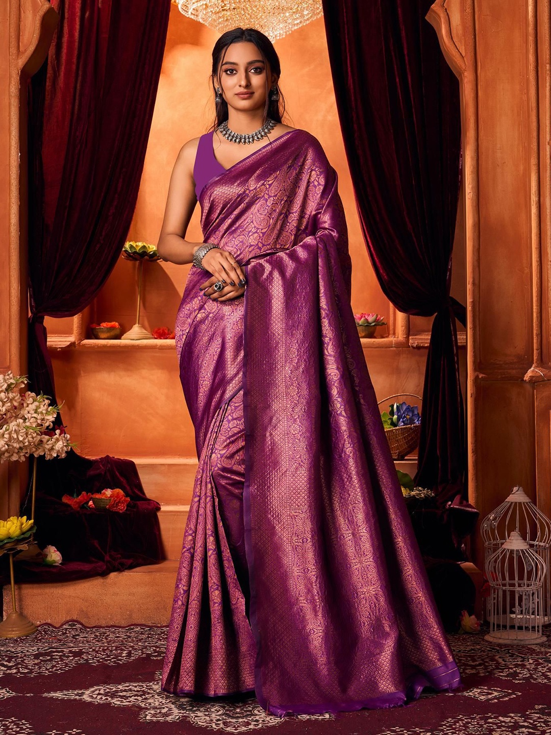 

AADVIKA Ethnic Motifs Zari Pure Silk Banarasi Saree, Lavender