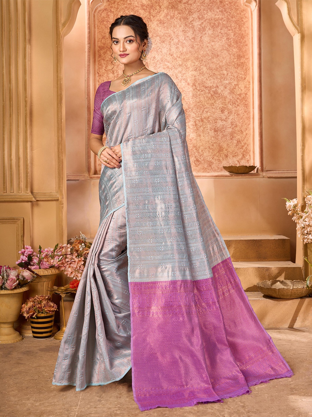 

AADVIKA Ethnic Motifs Zari Art Silk Banarasi Saree, Silver