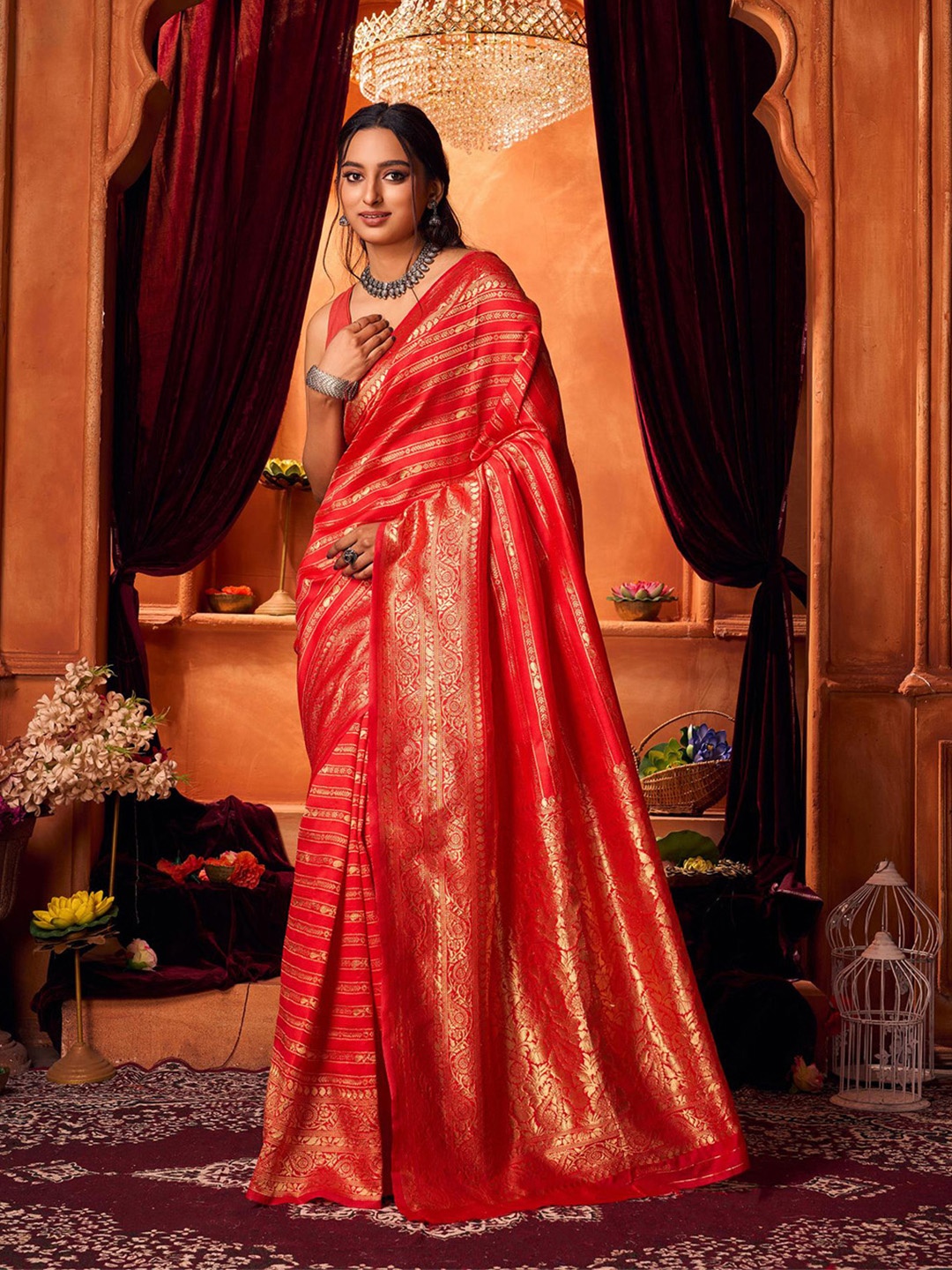 

AADVIKA Ethnic Motifs Zari Art Silk Kanjeevaram Saree, Red