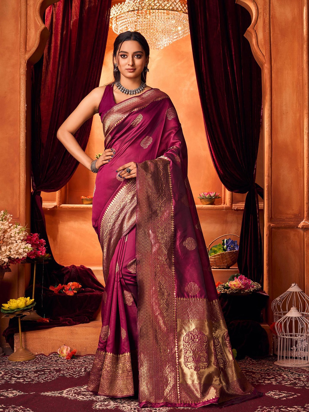 

AADVIKA Ethnic Motifs Zari Pure Silk Kanjeevaram Saree, Purple